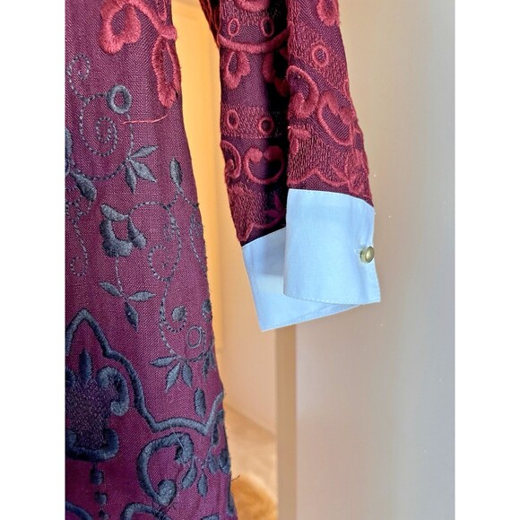 Topshop Embroidered Shift Dress Size 12 Burgundy 3/4 Sleeve Peter Pan Collar - Picture 5 of 15